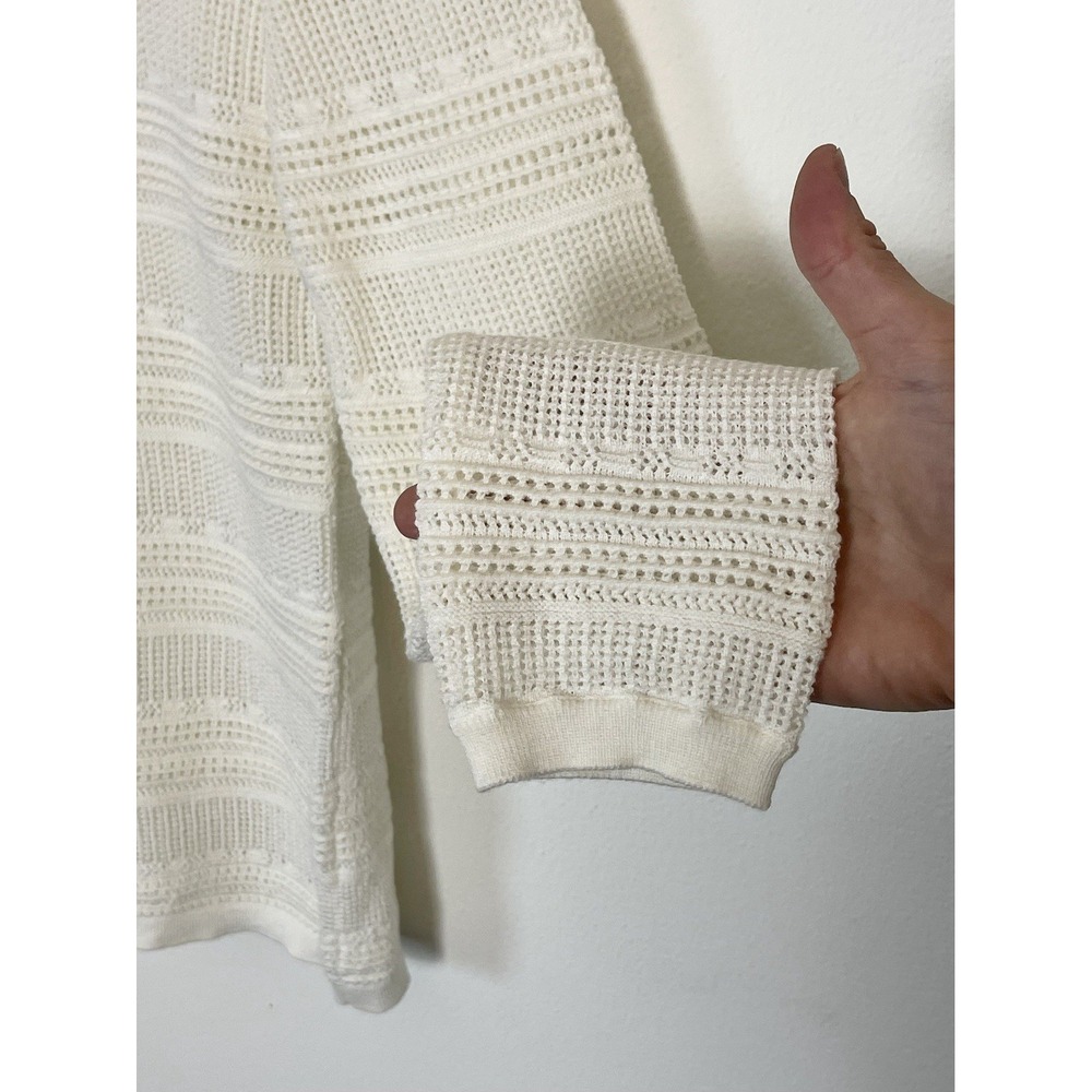 SEZANE Ecru Pointelle Openwork Ruffle Neck Merino Wool Cotton Sweater M - Picture 5 of 11